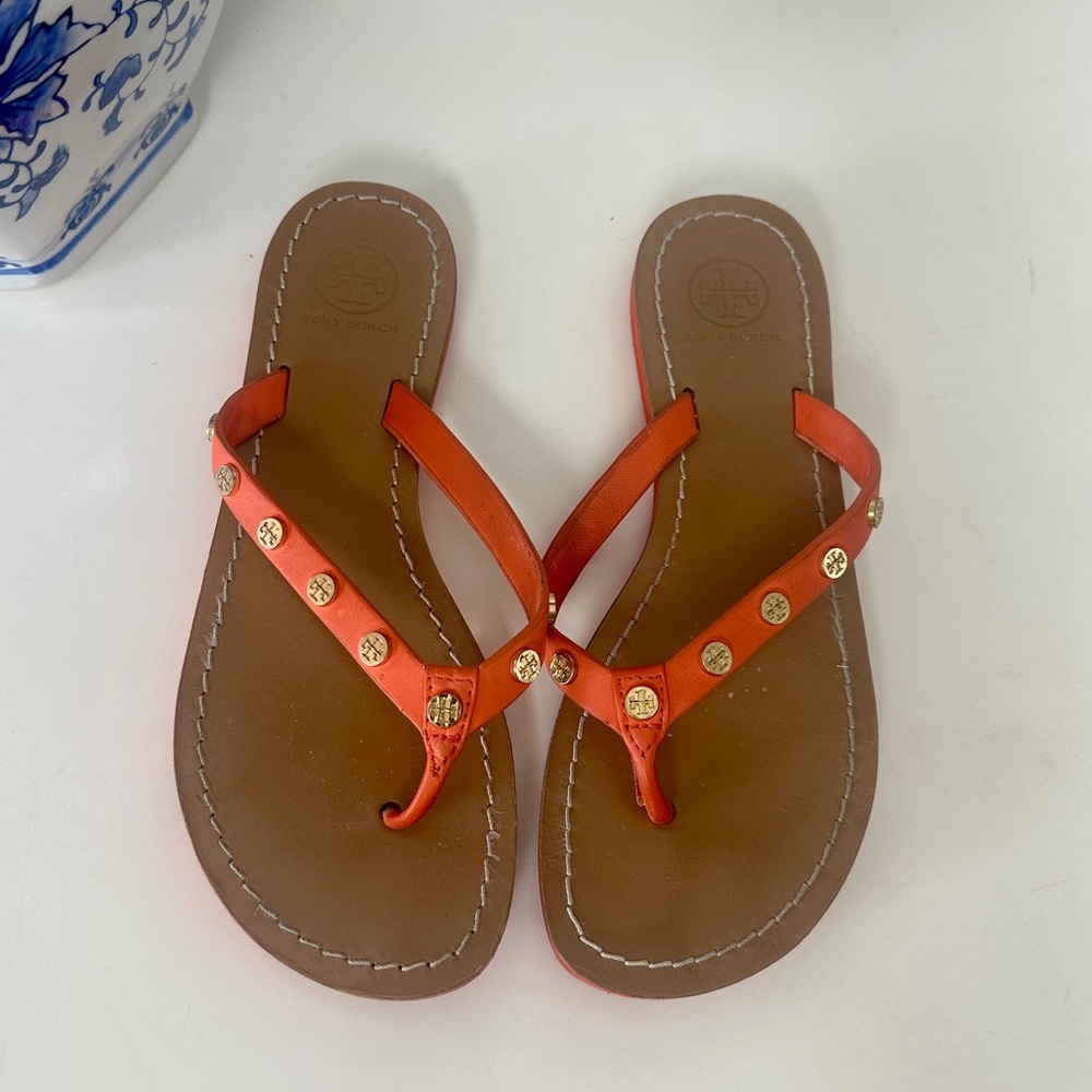 Tory Burch Ricki Leather Poppy Red Sandal Flat Sz 8 M Flip Flop